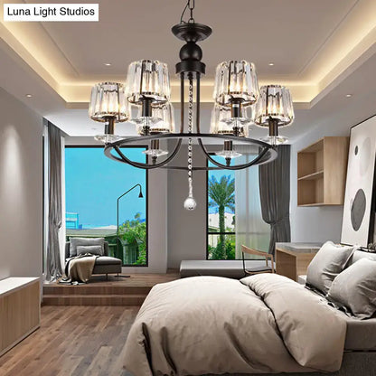 Black wrought iron DecorBites™ contemporary crystal chandelier with clear glass shades and lights circle hanging design
