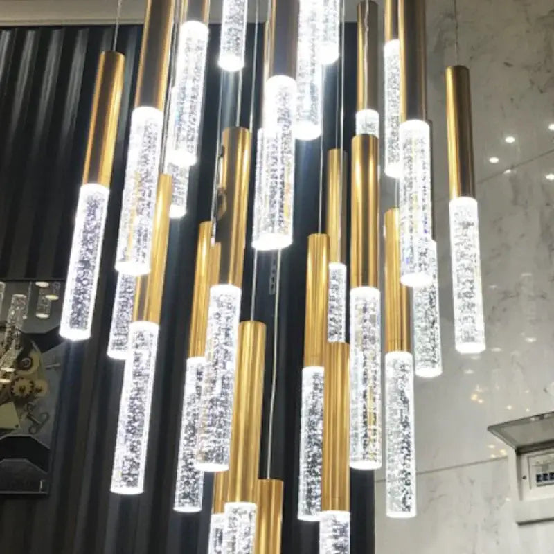 Modern gold and clear crystal pendant contemporary crystal chandelier with illuminated cylindrical glass elements for large staircase