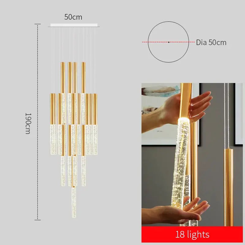 DecorBites™ contemporary crystal chandelier with gold metal frame and clear crystal rods for large staircase lighting