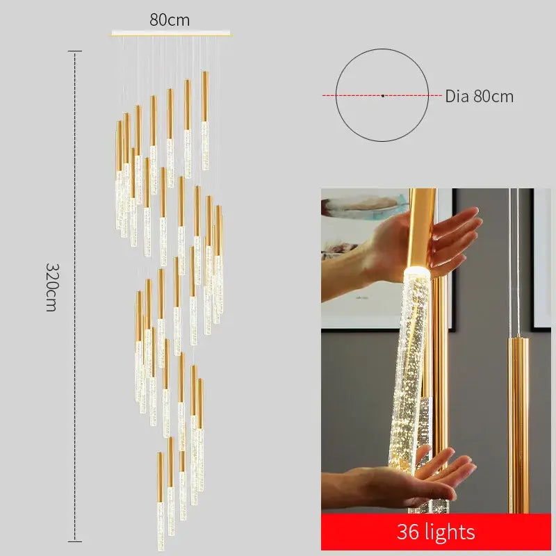 Gold-toned DecorBites™ contemporary crystal chandelier with 36 led lights and clear crystal accents for large staircase