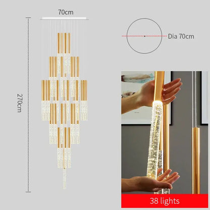 DecorBites™ contemporary crystal chandelier with gold tone and 38 cascading cylindrical crystal lights for large staircase