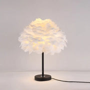 DecorBites™ contemporary feather flower table lamp with white feather shade and black base uses 220v-240v light bulb