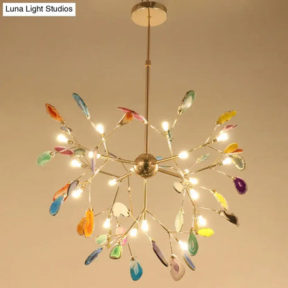 DecorBites contemporary firefly metal pendant light with brass finish colorful glass leaves round canopy for living room island lighting