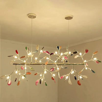 DecorBites™ contemporary firefly metal pendant light with colorful agate leaves and round canopy for living room island lighting