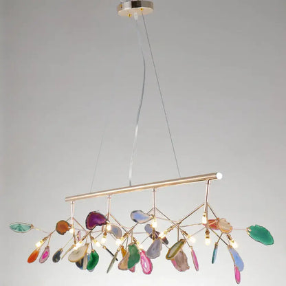 DecorBites contemporary firefly metal pendant light with brass frame and agate slices for living room island lighting with round canopy