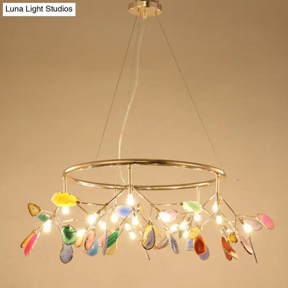 DecorBites™ contemporary firefly metal pendant light with round canopy, colorful glass leaves, ideal for living room island lighting