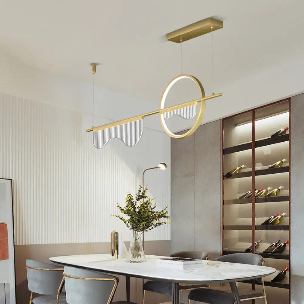 DecorBites™ contemporary black gold LED pendant light with oval ring and vertical slats for dining room island