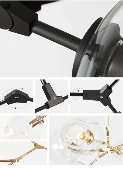 Decorbites™ contemporary glass bubble chandelier with black and brass finish and clear glass globe shades for living room