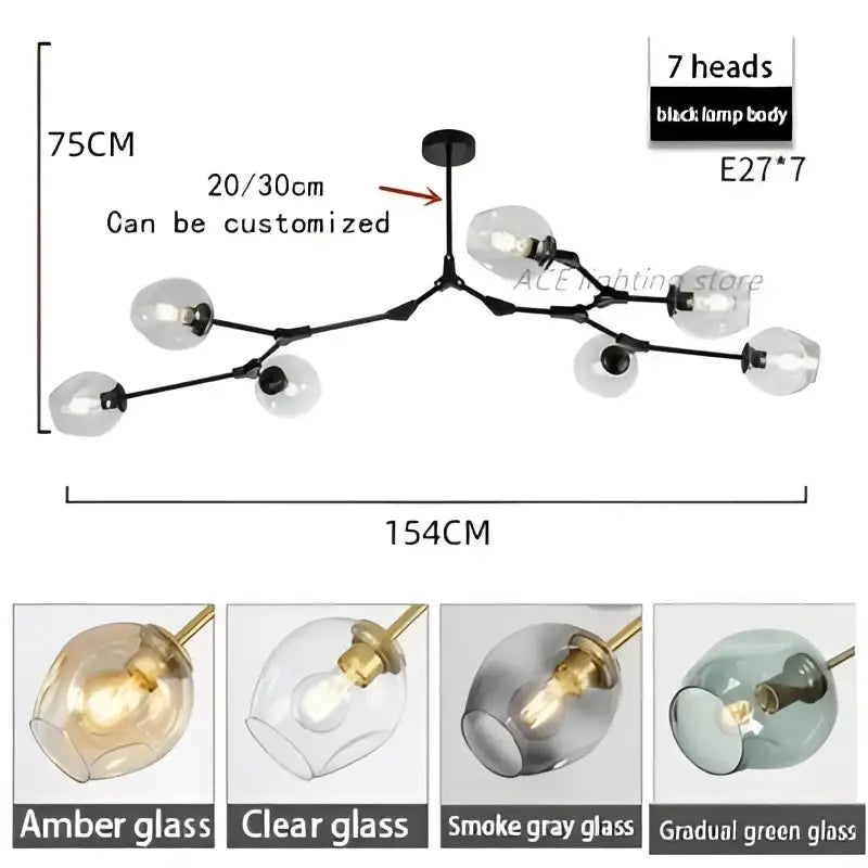 Black metal glass bubble chandelier with seven amber, clear, smoke gray, and gradient green glass globe shades for living room