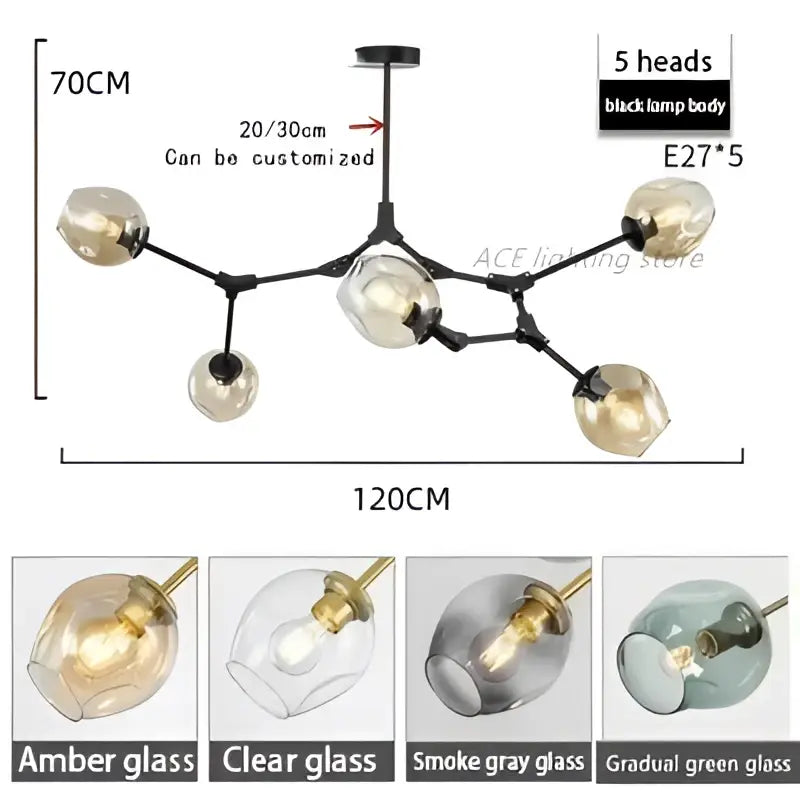 Black metal glass bubble chandelier with five amber glass lamp heads for contemporary living room decor by DecorBites™