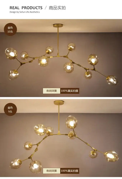Gold-colored DecorBites™ glass bubble chandelier with ten frosted glass globes in a branching living room design