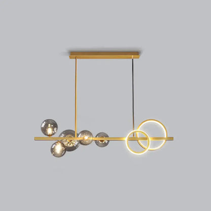 DecorBites contemporary 7-head island lamp with milk white glass spheres and smoke grey glowing rings for dining room