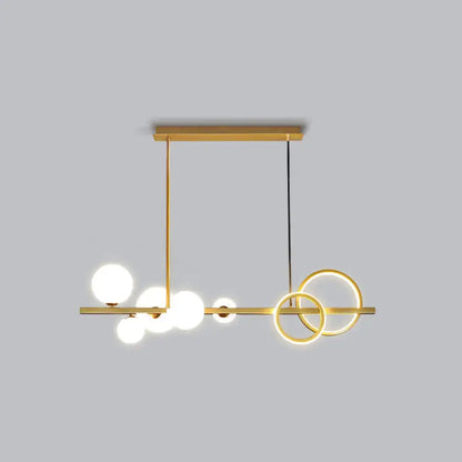 Decorbites contemporary gold-toned island lamp with milk white spherical bulbs and smoke grey circular rings for dining room