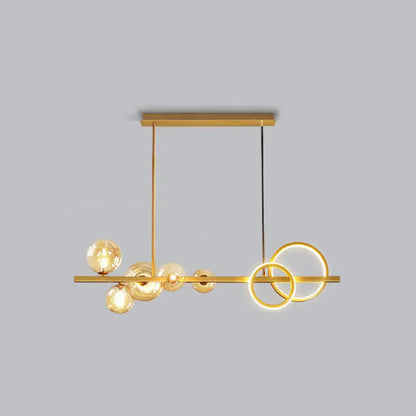 Decorbites™ contemporary 7-head island lamp with gold-toned bar, milk white glass bulbs, and smoke grey glowing rings