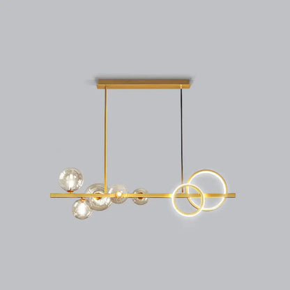 Decorbites contemporary 7-head island lamp with gold-toned bar, milk white glass spheres, and smoke grey circular rings