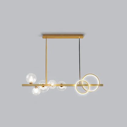 Decorbites contemporary 7-head island lamp with gold-toned frame, clear glass globes, glowing circular rings in milk white and smoke grey