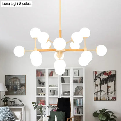 Modern chandelier with light wood frame and white glass globe bulbs for dining room hanging light decorbites