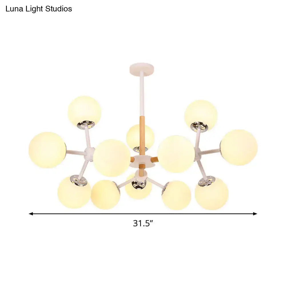 Decorbites™ contemporary globe chandelier with white glass frosted globes and wood toned metal arms for dining room hanging light