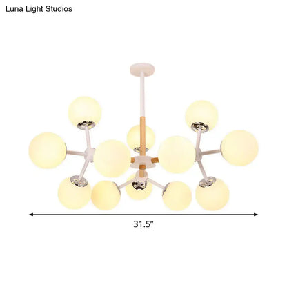 Decorbites™ contemporary globe chandelier with white glass frosted globes and wood toned metal arms for dining room hanging light