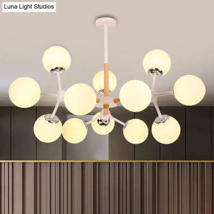 Modern decorbites™ contemporary globe chandelier with white glass spheres and wood-toned dining room hanging light