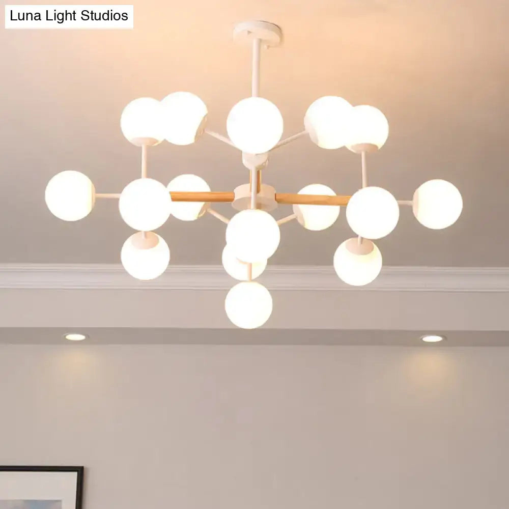 DecorBites™ contemporary globe chandelier with white glass frosted globes and wood accents for dining room hanging light