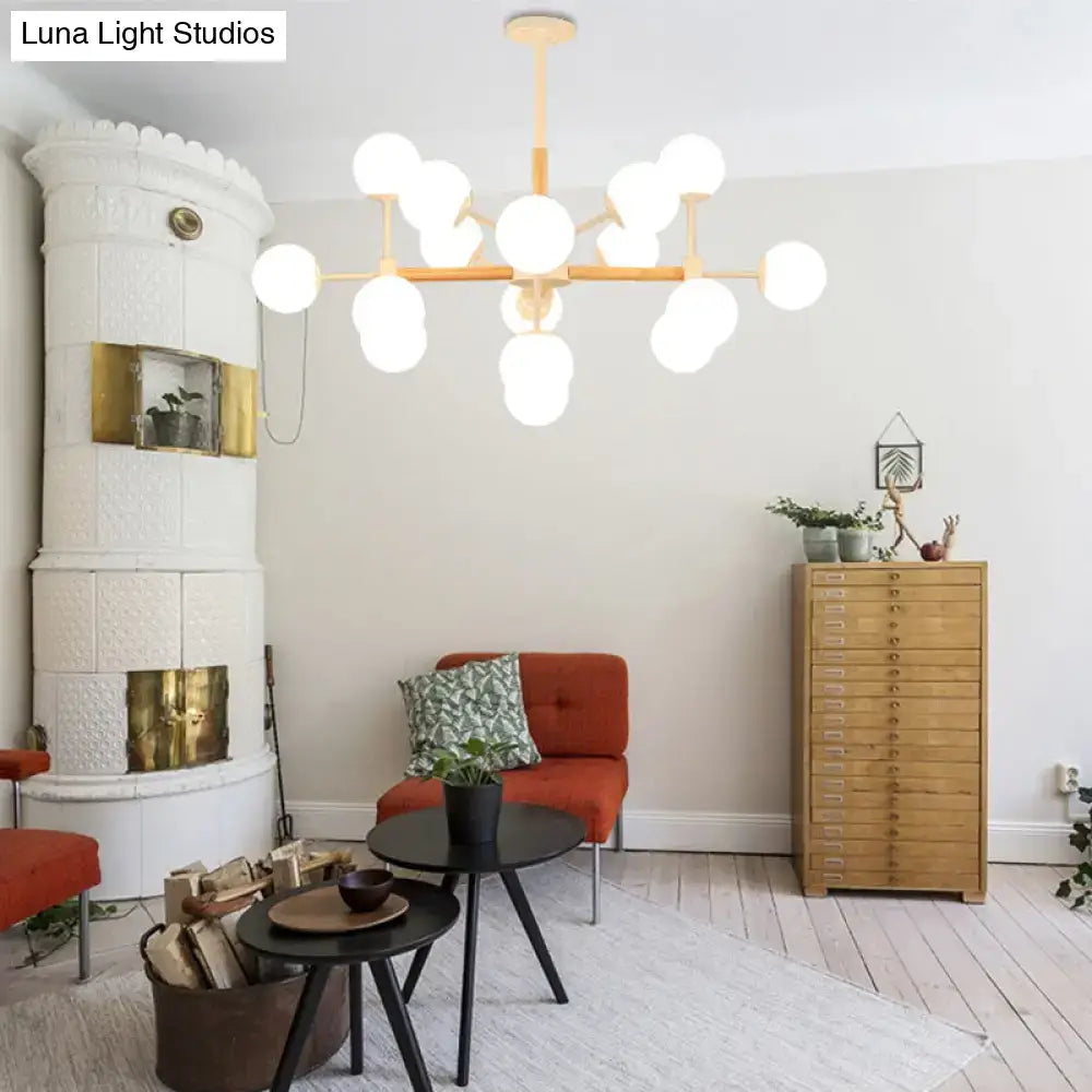DecorBites™ contemporary globe chandelier with white glass frosted globes and light wood frame for dining room hanging light