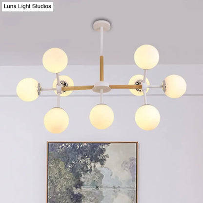 DecorBites™ contemporary globe chandelier with eight white glass shades on wooden and metal frame for dining room hanging light