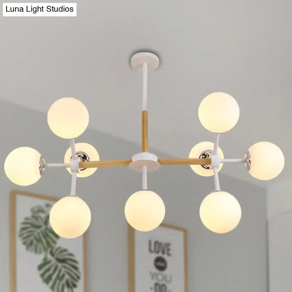 DecorBites contemporary globe chandelier with white glass globes dining room hanging light with wooden crossbar