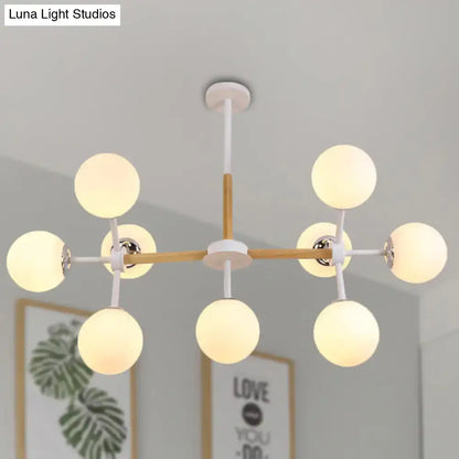 DecorBites contemporary globe chandelier with white glass globes dining room hanging light with wooden crossbar