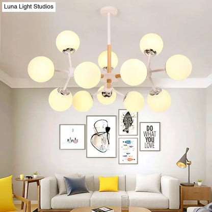 Decorbites contemporary globe chandelier with white glass globes and wood tones for dining room hanging light use