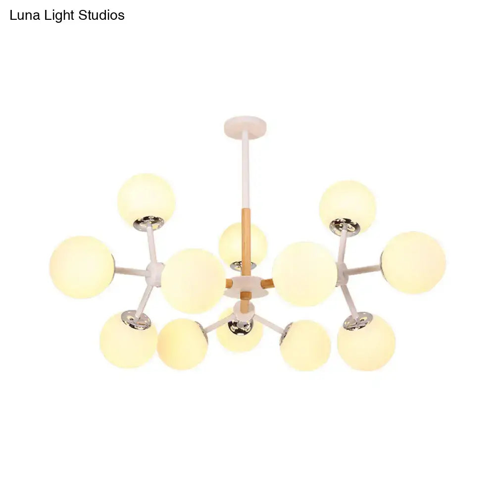DecorBites contemporary chandelier with white glass globe bulbs and wood-toned arms for dining room hanging light