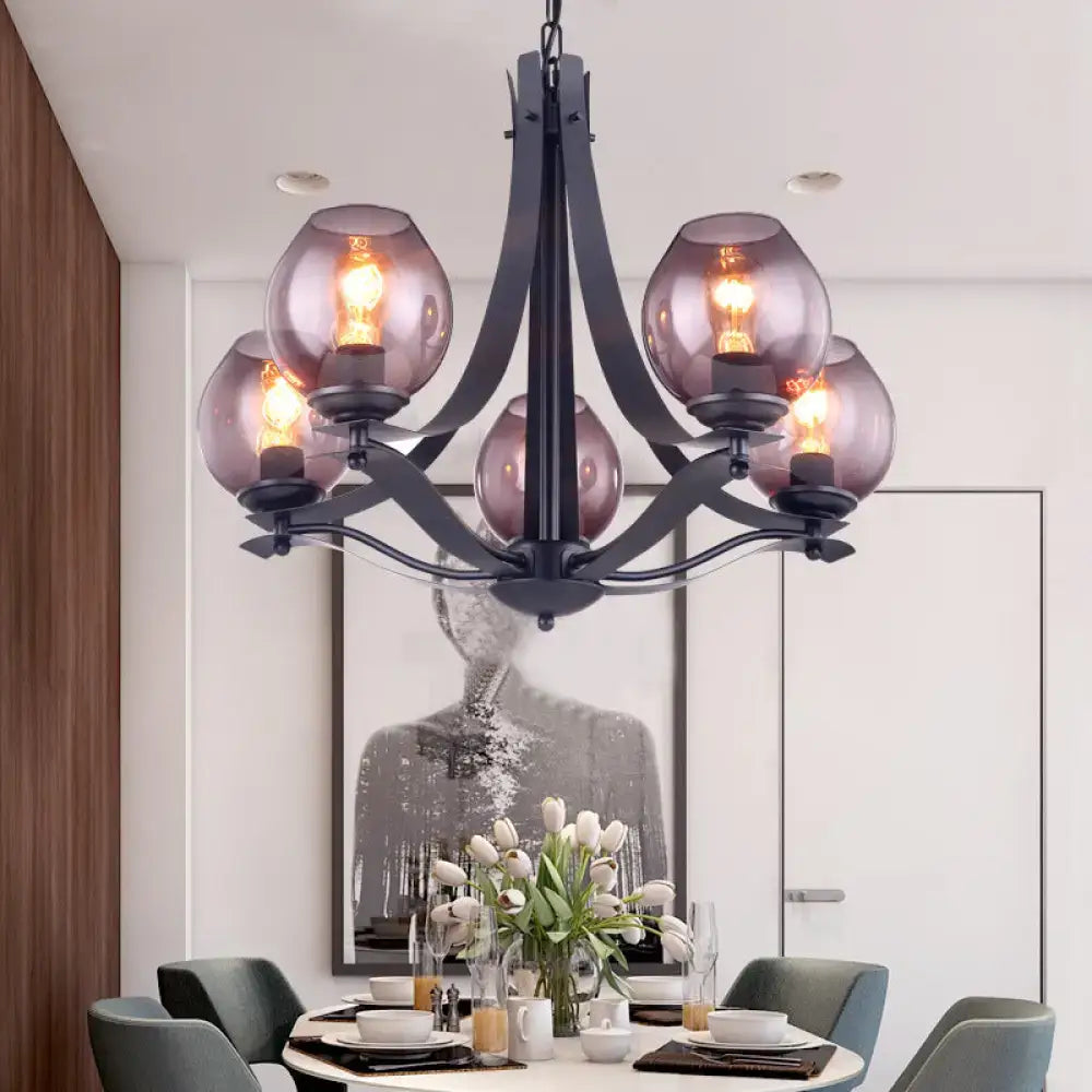 Black metal suspension pendant chandelier with five smoked globe gray glass shades for contemporary decor