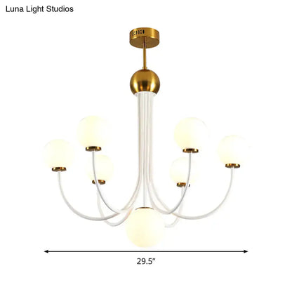 Decorbites contemporary gold glass spherical ceiling chandelier with six frosted glass globe shades and white stem