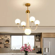 DecorBites™ contemporary gold glass spherical ceiling chandelier with five frosted glass globe lights and central pendant