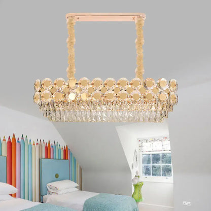 Decorbites™ contemporary gold oval island pendant with clear crystal blocks and beaded chain suspension for dining halls