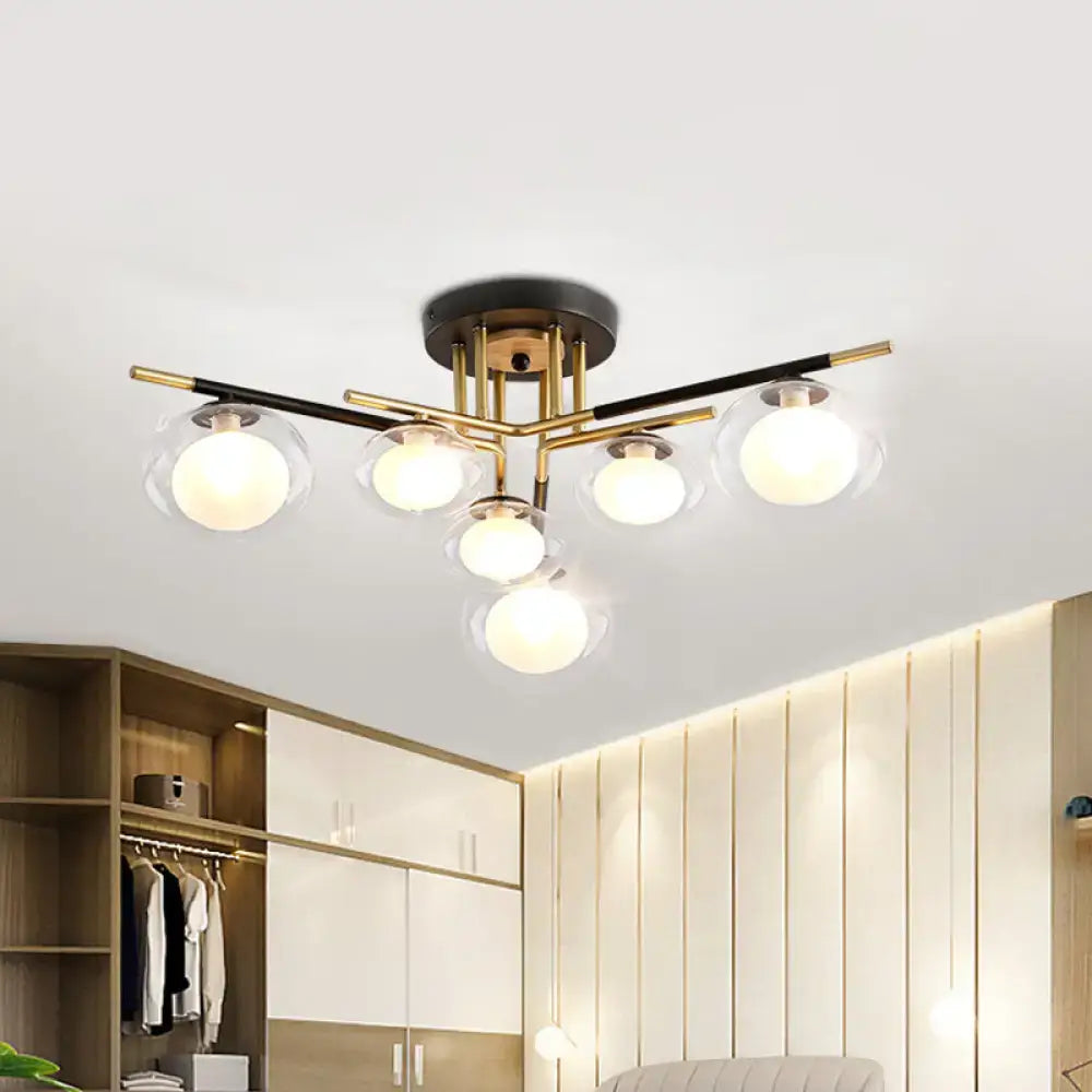 DecorBites™ semi-flush mount ceiling fixture with five oval glass shades and brass black metal arms for dining room use