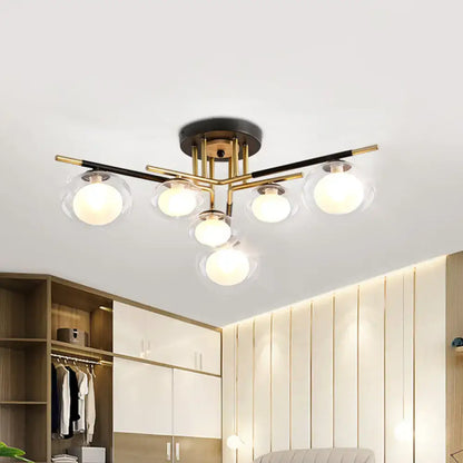 DecorBites™ semi-flush mount ceiling fixture with five oval glass shades and brass black metal arms for dining room use
