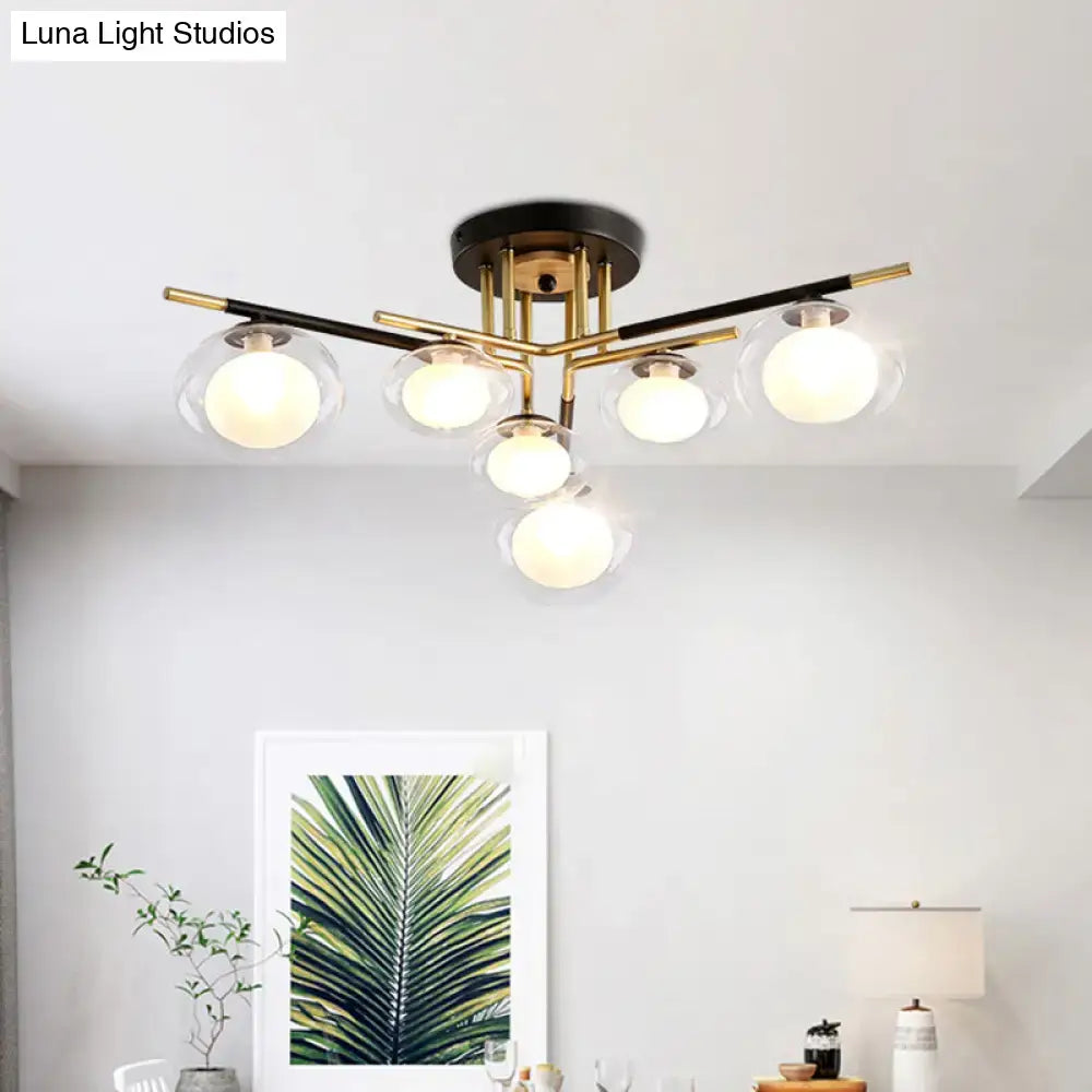 Modern decorbites semi-flush mount ceiling light with black base gold metal arms and five clear oval glass shades