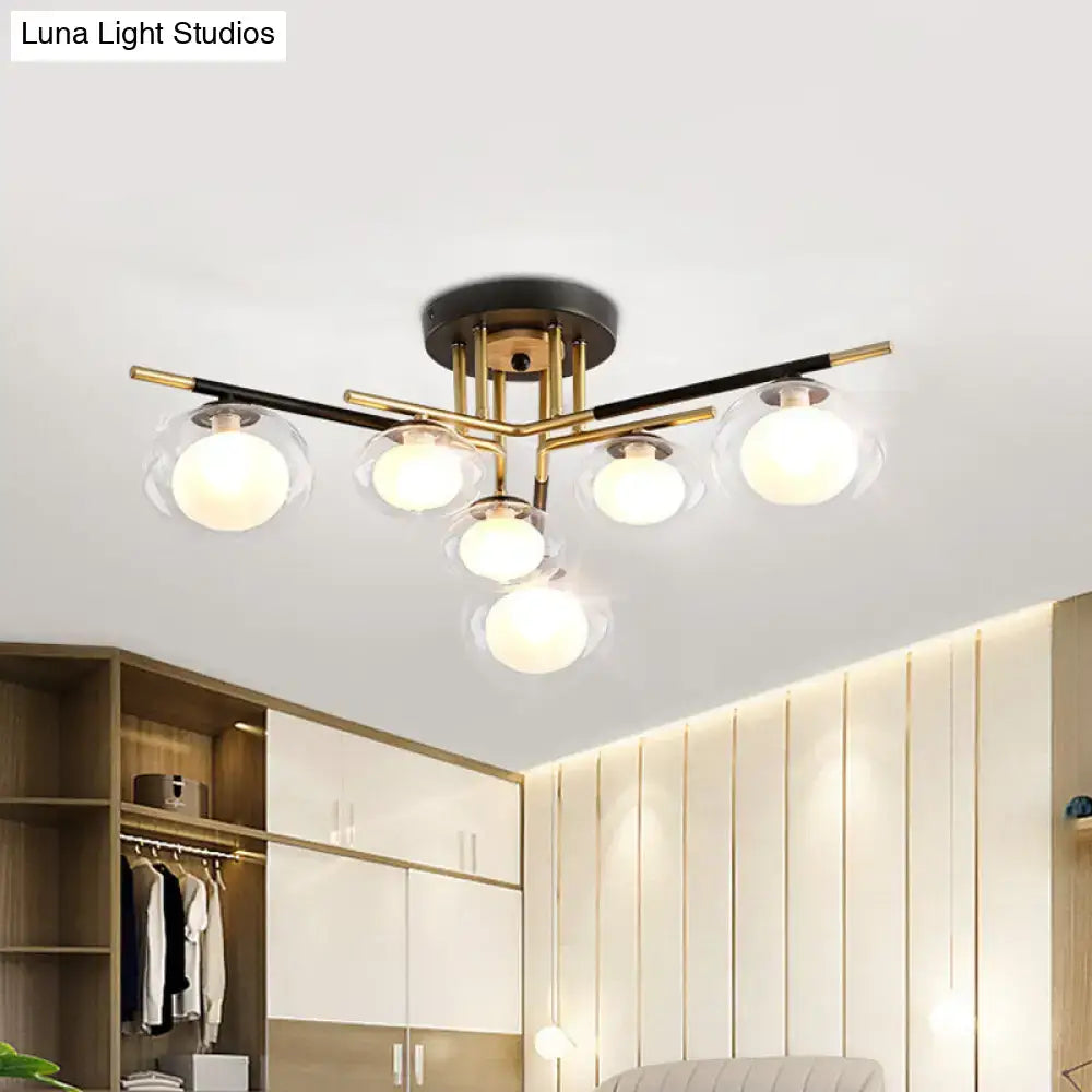 DecorBites™ contemporary semi-flush mount ceiling light with five oval glass shades and brass black metal arms