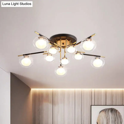 DecorBites™ contemporary semi-flush mount ceiling light with brass base black gold arms and clear glass oval shade bulbs