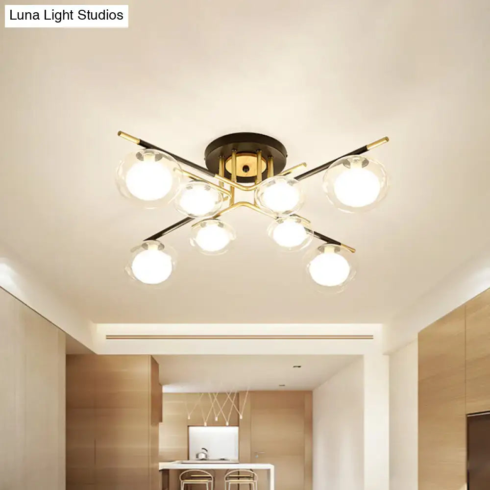 Decorbites™ contemporary gold oval shade semi-flush mount ceiling fixture with six glass globe bulbs in starburst design