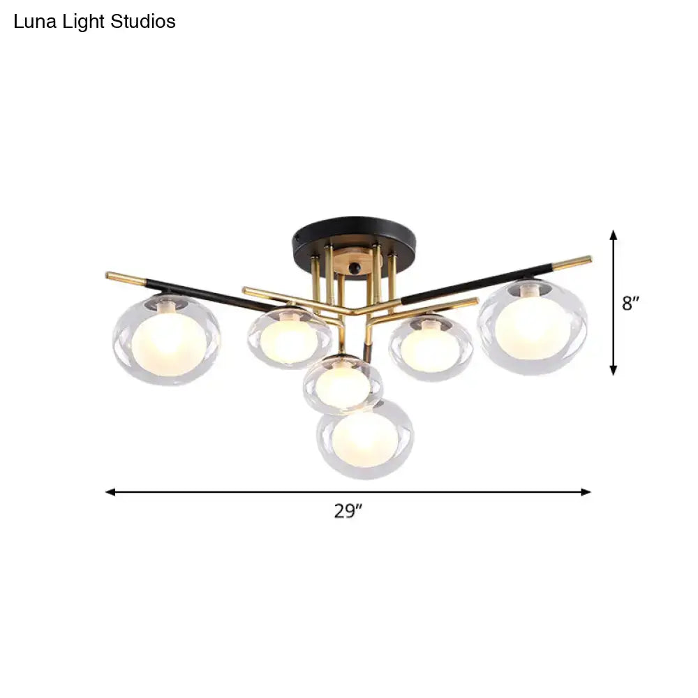 Modern DecorBites™ semi-flush mount ceiling fixture with five oval glass globes and brass black metal arms for dining rooms