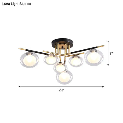 Modern DecorBites™ semi-flush mount ceiling fixture with five oval glass globes and brass black metal arms for dining rooms