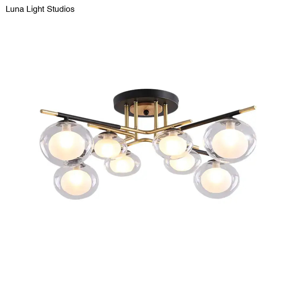 Decorbites contemporary semi-flush mount ceiling light with gold metal arms and clear oval shade glass globes
