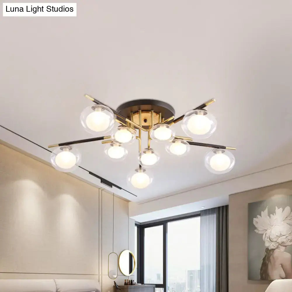 Decorbites™ contemporary gold oval shade semi-flush mount ceiling fixture with brass base and black arms holding glass bulbs
