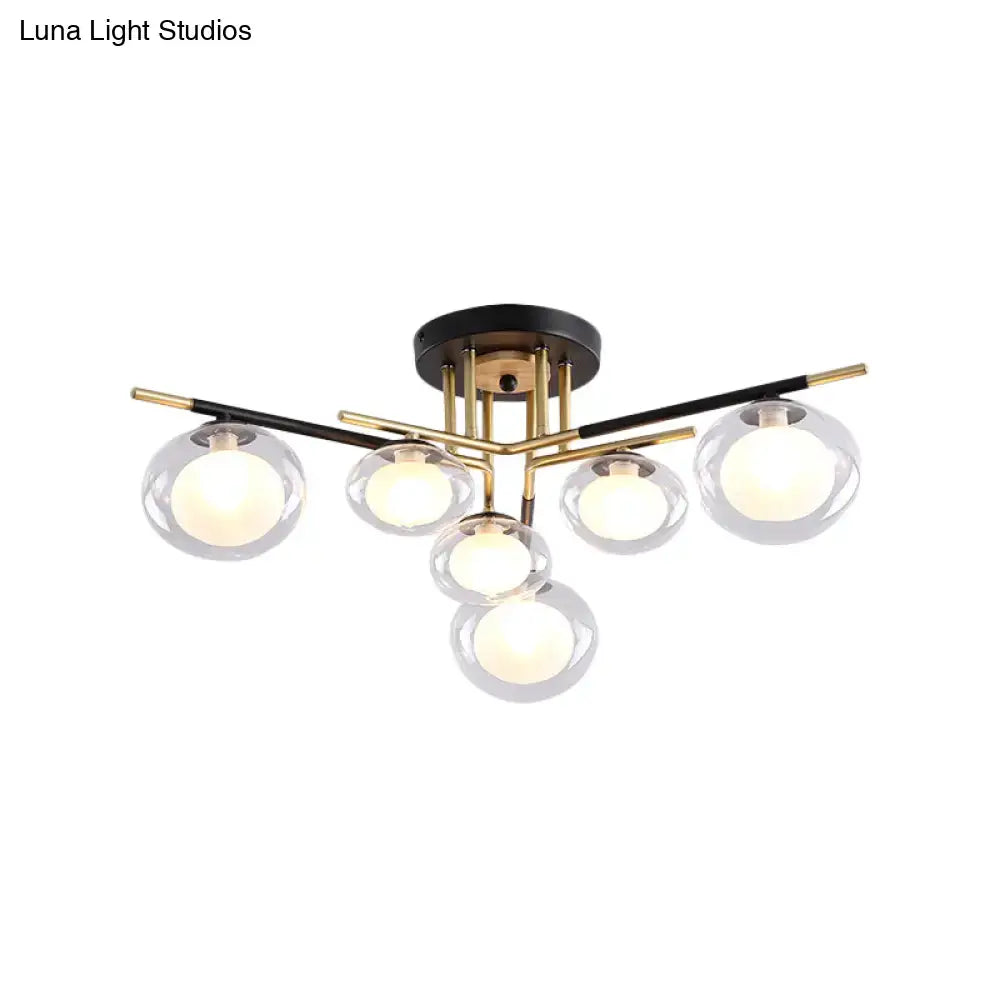 Modern semi-flush mount ceiling light with black base, gold metal arms, and five clear oval glass shades by DecorBites™