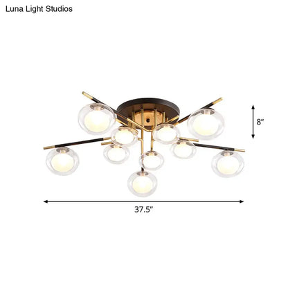 DecorBites™ contemporary semi-flush mount ceiling light with brass base, black gold arms, and clear glass oval shade bulbs