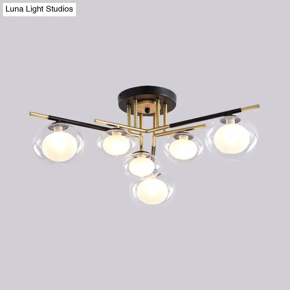 DecorBites semi-flush mount ceiling fixture with five oval glass shades and brass black metal arms for dining room