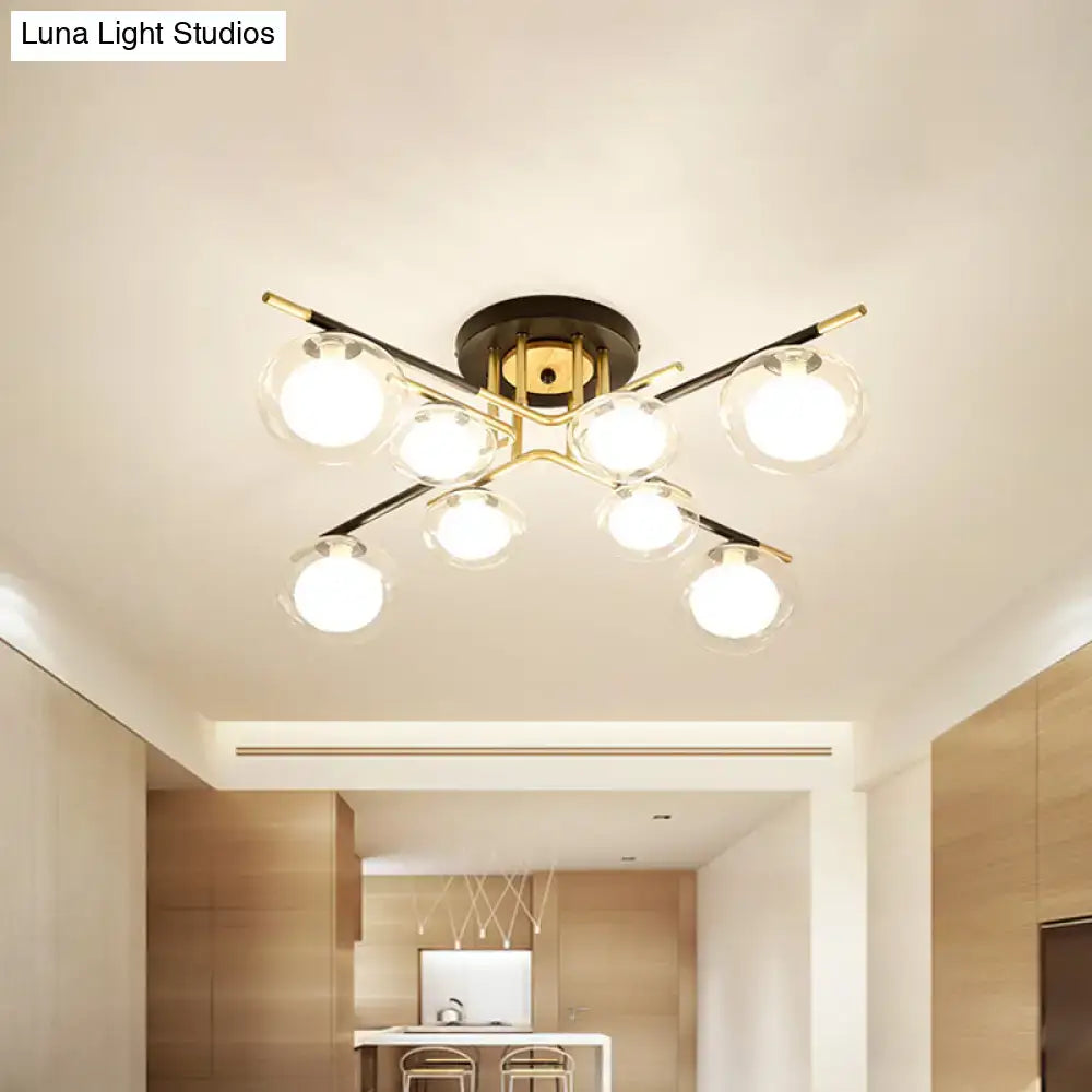 Modern DecorBites™ semi-flush mount ceiling fixture with six glass bulbs and gold oval shade on black metal arms