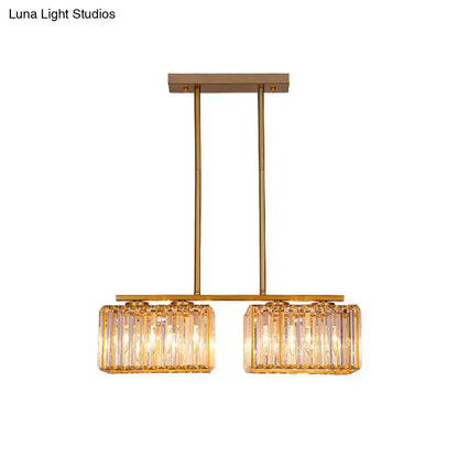 Decorbites contemporary gold pendant lighting with two clear cuboid crystal shades for dining room island use